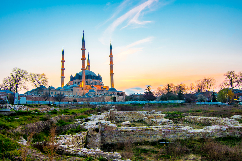 Selimiye Mosque exterior view showing the grand dome and four minarets against the Edirne skyline