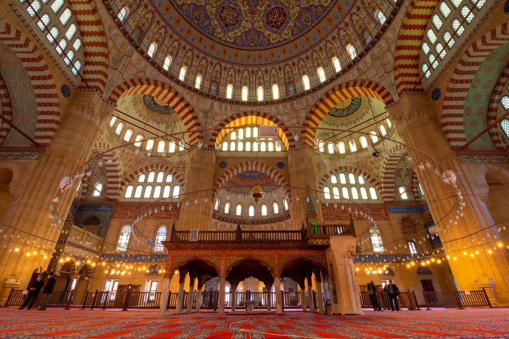 Interior view of Selimiye Mosque showing the magnificent dome and natural light from hundreds of windows